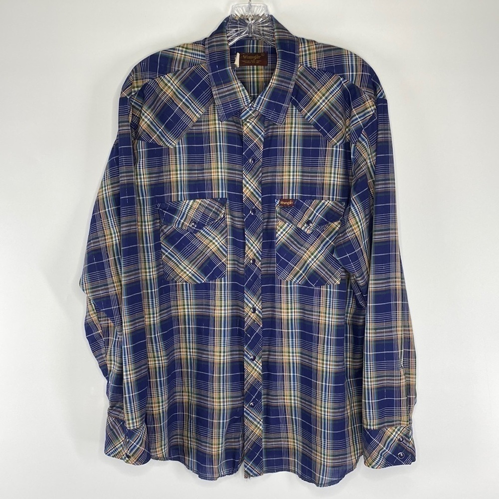 Vintage Wrangler Pearl Snap Blue Plaid Button Up XL